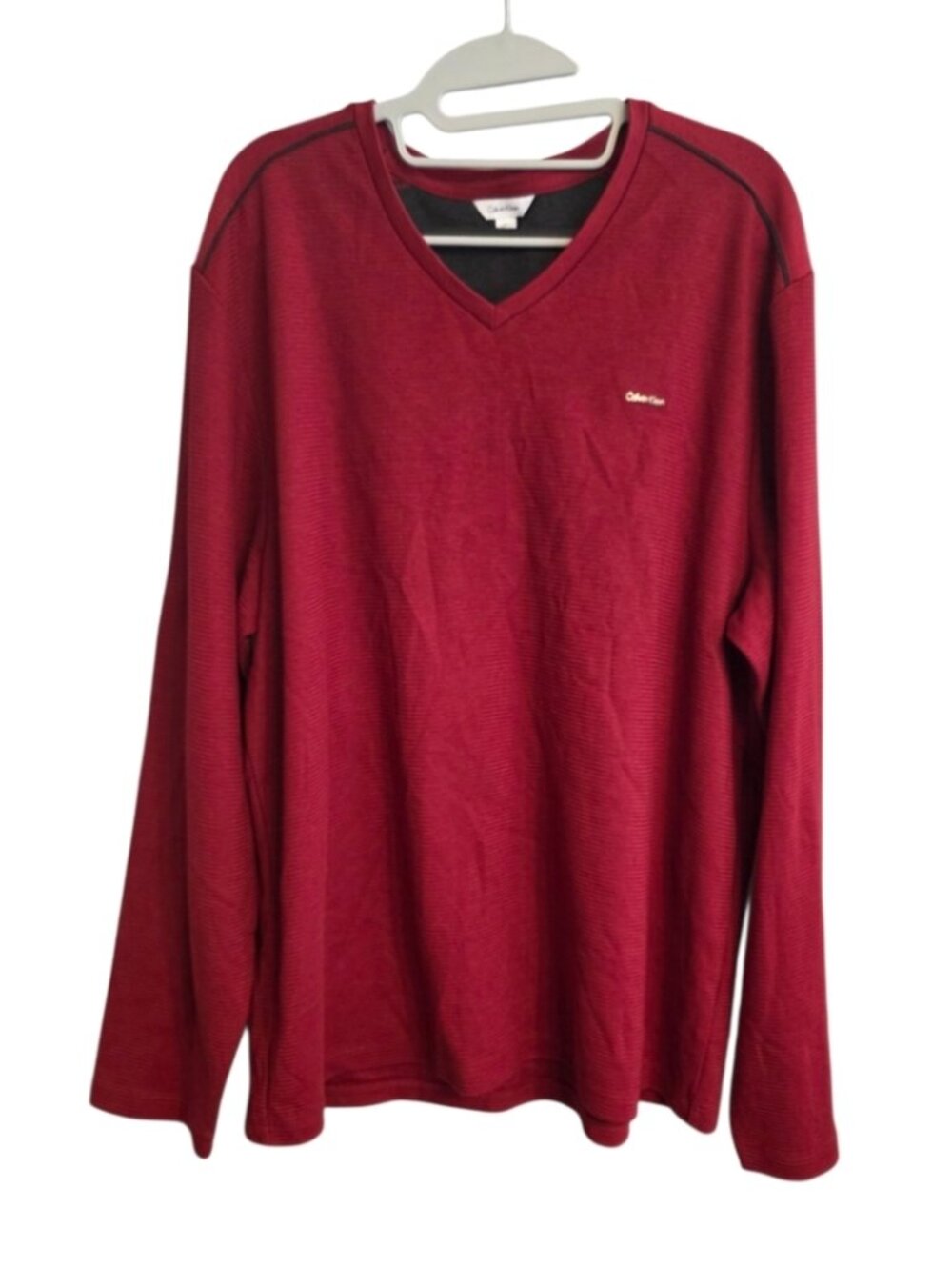 Calvin Klein Pullover Top Long Sleeve Shirt Red Textured Black Trim Accents